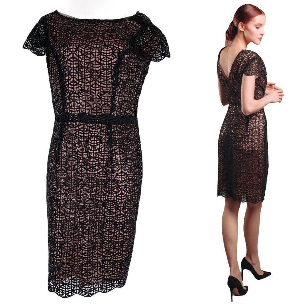 Anthropologie Cocktail Dress Midi Black Sequin Hoss Intropia Classic Elegant